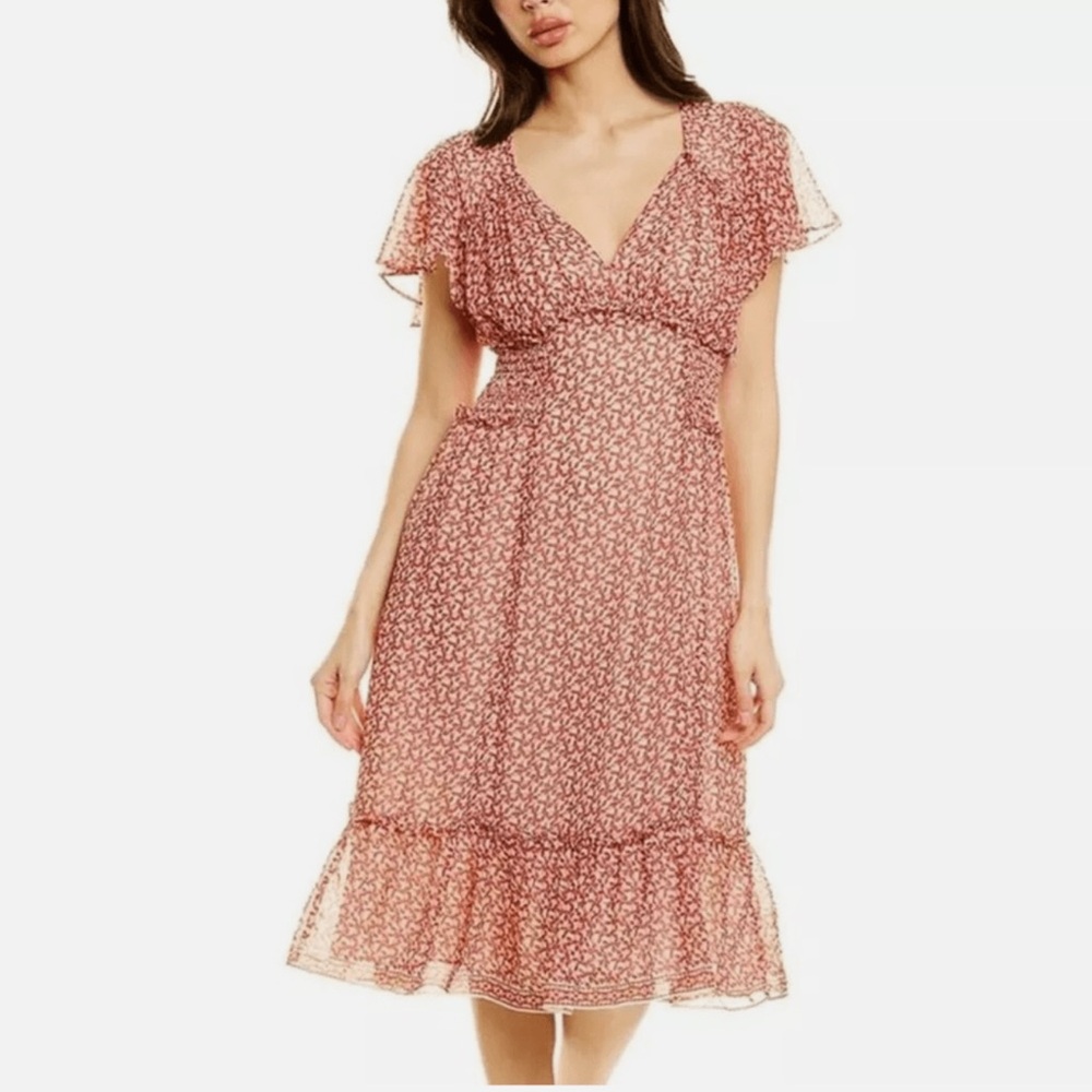 Max Studio Pink Floral V-Neckline Midi Summer Dress Ruffle Sleeve Sz S